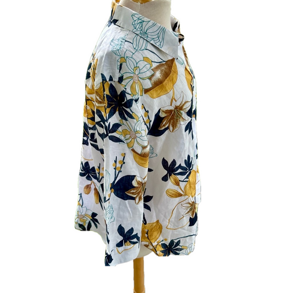 Chico’s No Iron Linen Shirt Size 16 Tropical Garden 3/4 Sleeve Gold NEW - Picture 5 of 14